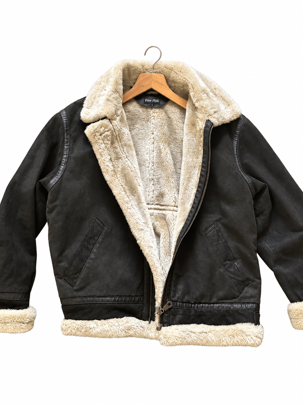 Herren Aviator Echtlederjacke mit Kunstfell – Dunkelbraun, L