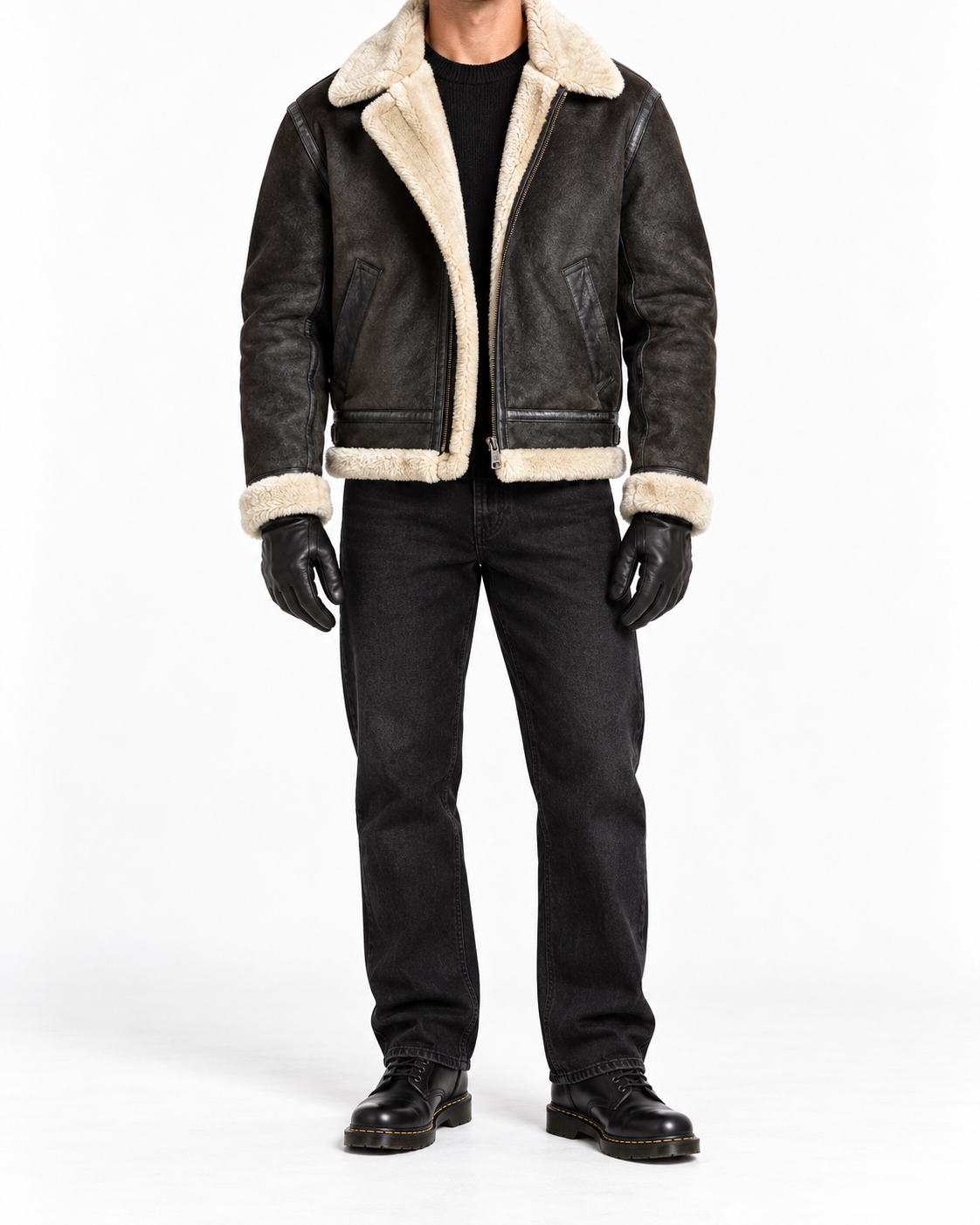 Herren Aviator Echtlederjacke mit Kunstfell – Dunkelbraun, L