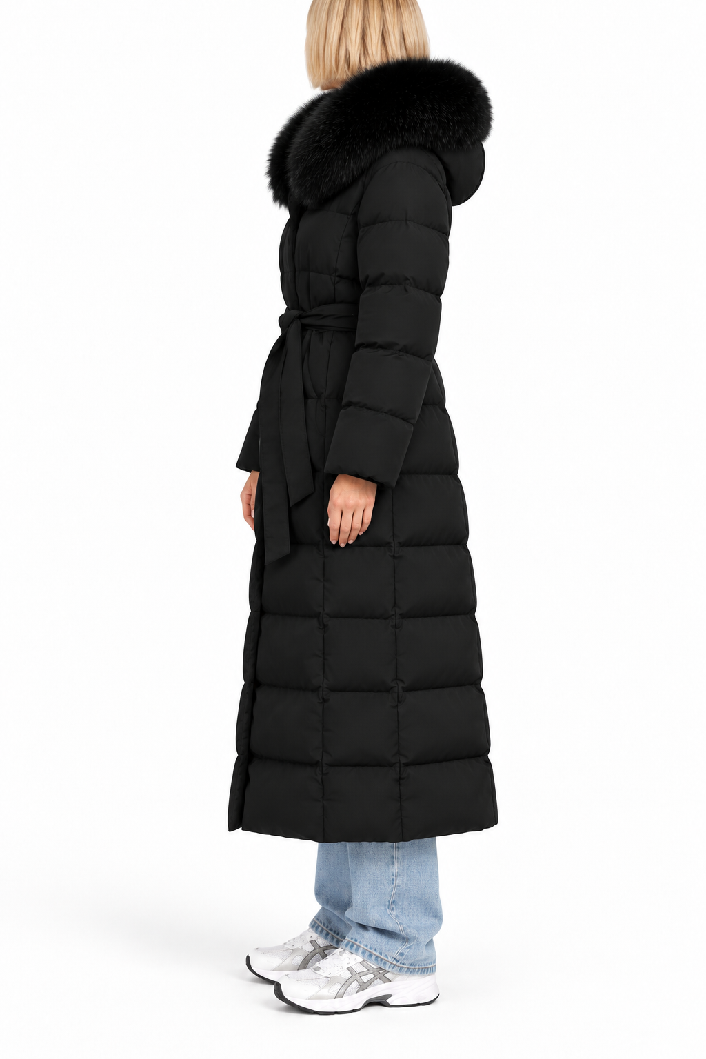 Damen Maxi-Puffermantel Schwarz mit Gürtel – S