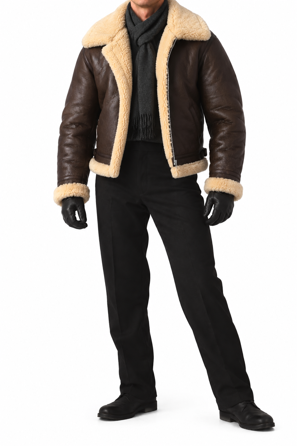 Aviator Pilotenjacke aus Lammfell – Braun, XL