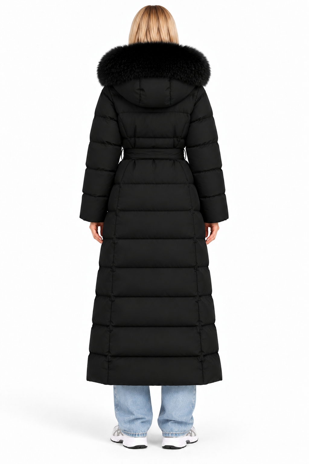 Damen Maxi-Puffermantel Schwarz mit Gürtel – S