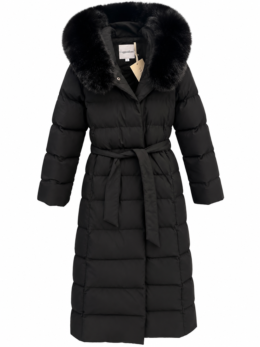 Damen Maxi-Puffermantel Schwarz mit Gürtel – S