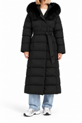 Damen Maxi-Puffermantel Schwarz mit Gürtel – S