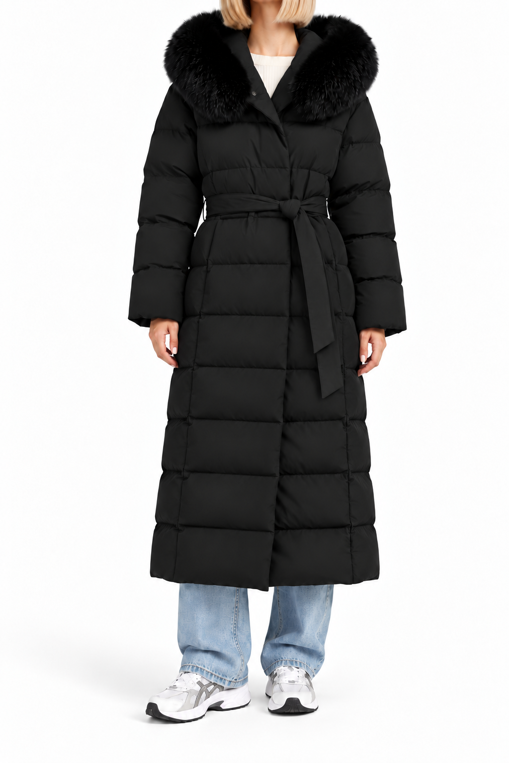 Damen Maxi-Puffermantel Schwarz mit Gürtel – S