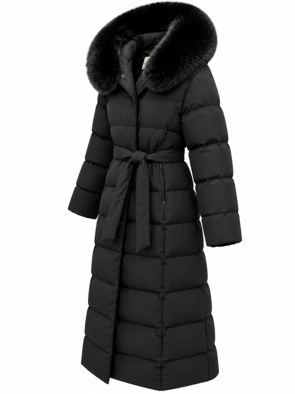 Damen Maxi-Puffermantel Schwarz mit Gürtel – S