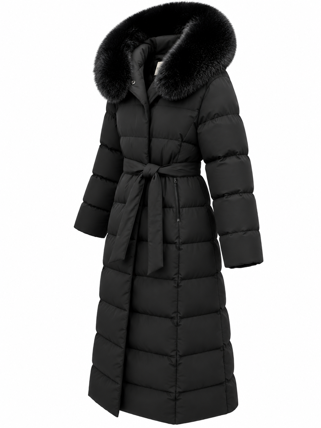 Damen Maxi-Puffermantel Schwarz mit Gürtel – S