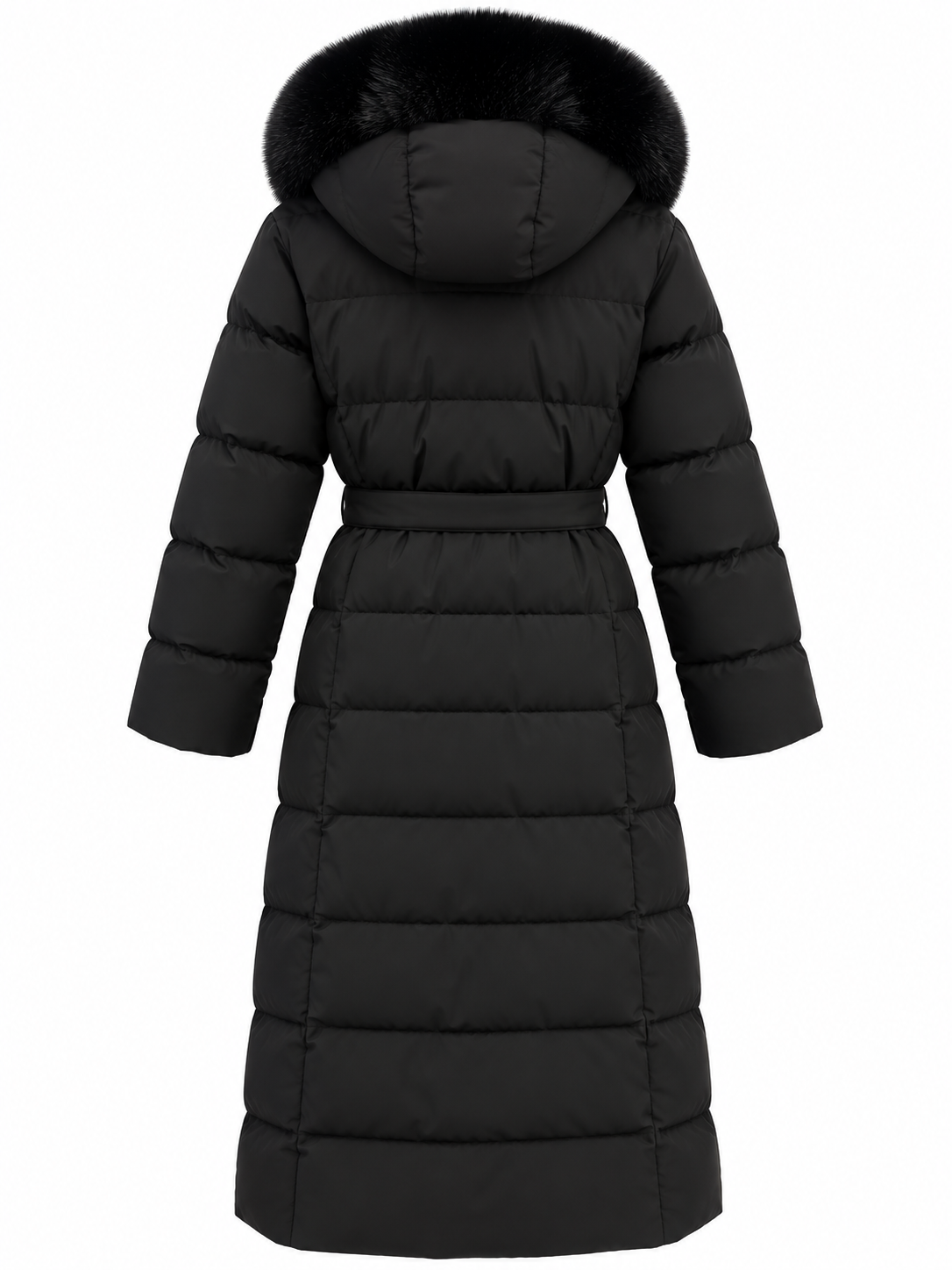 Damen Maxi-Puffermantel Schwarz mit Gürtel – S