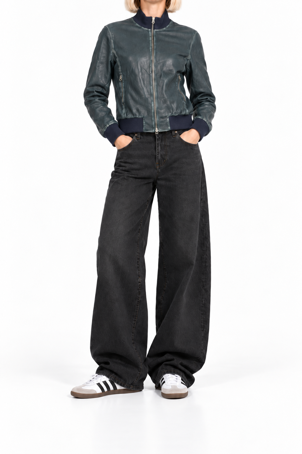 Echtleder-Bomberjacke – Blau, Damen M